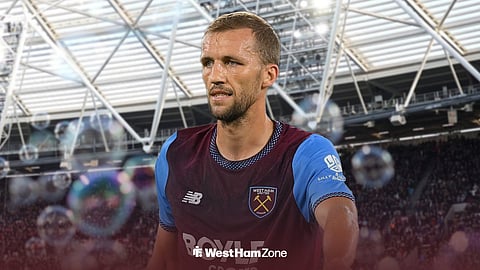 West Ham United's Tomas Soucek. with London Stadium in the background