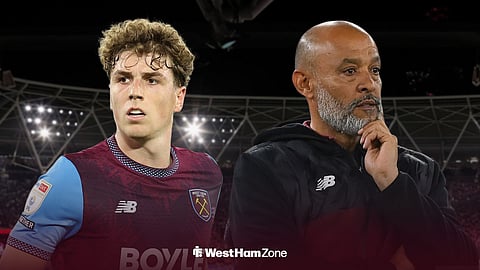 West Ham United's Arne Engels next to West Ham manager Nuno Espirito Santo