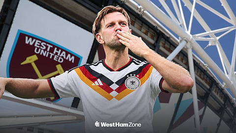 Niclas Fullkrug in a Germany shirt ahead of West Ham's ground, the London Stadium