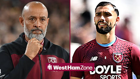 West Ham United's Taty Castellanos warming up pre-match, with West Ham manager Nuno Espirito Santo in a circular inset