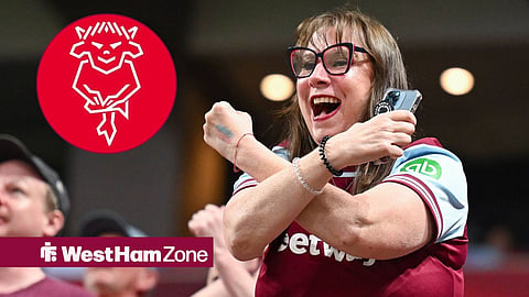 West Ham United supporter making hammers gesture with Lincoln City crest in a circular inset