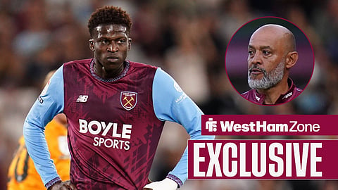 An image of West Ham's Mahamadou Kante with his hands on his hips. To his right is a circle with Nuno Espirito Santo in the frame.
