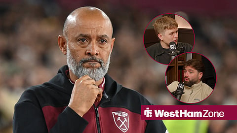 West Ham United manager Nuno Espirito, and Callum Fowler and Tom Garratt in circular insets speaking on the Pryamid