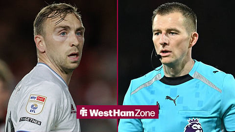Jarrod Bowen looking worried for West Ham towards referee Michael Salisbury