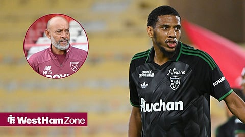 Nuno Espirito Santo looking concerned in circular inset with Jean-Clair Todibo in conversation while in action for RC Lens