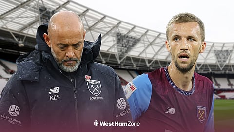 Tomas Soucek and Nuno Espirito Santo both looking sad for West Ham ahead of the London Stadium