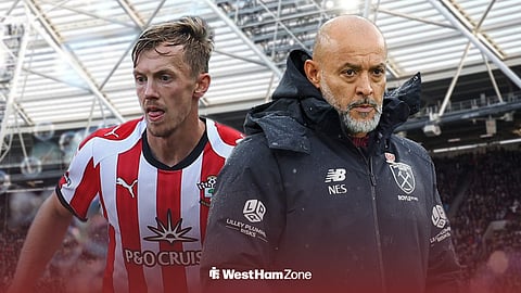 James Ward-Prowse in action for Southampton and West Ham United manager Nuno Espirito Santo with London Stadium background