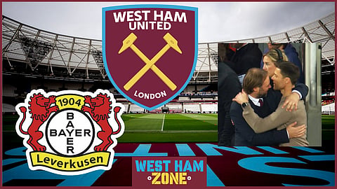 Tim Steidten and Xabi Alonso spotted after West Ham v Bayer Leverkusen. Credit: Sean Whetstone via X