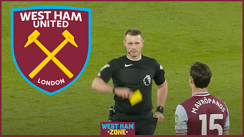 Konstantinos Mavropanos was sent off for West Ham v Crystal Palace [Credit: Sky Sports PL]