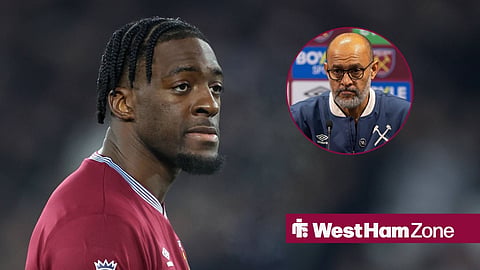West Ham United head coach Nuno Espirito Santo during a press conference next to Axel Disasi, who is playing at the London Stadium.